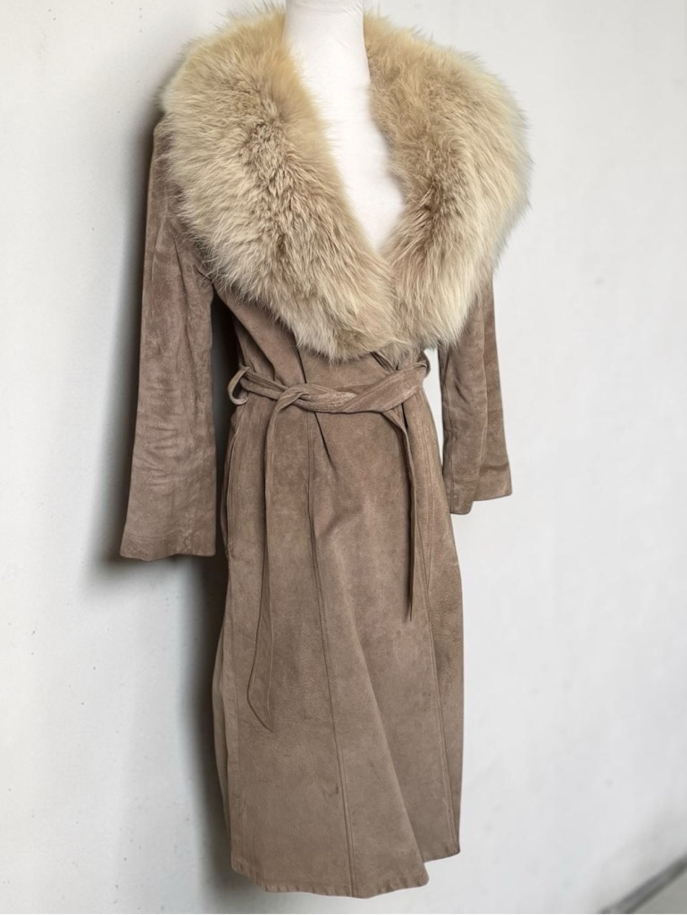 Vintage Suede Coat w Fur Collar Belted Taupe Luxe Winter Coat XS